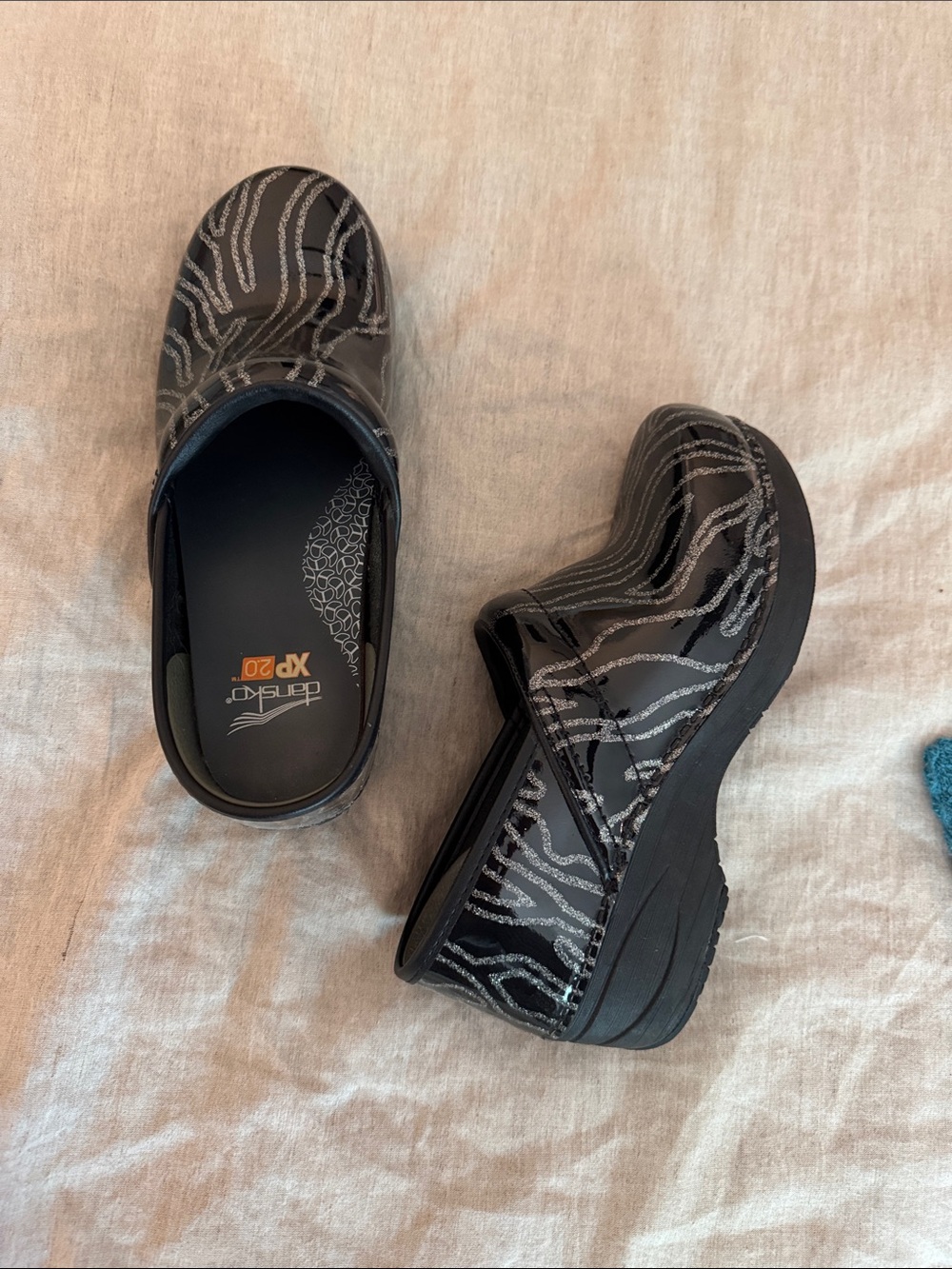 Dansko Black Patent Slip-On Clogs with Silver Zebra Stripes - Picture 4 of 4